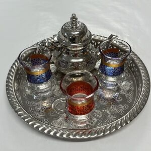 Handmade Moroccan Tea Set 3 Cups Tea Glasses Teapot Silver Tea Tray *Brand New**